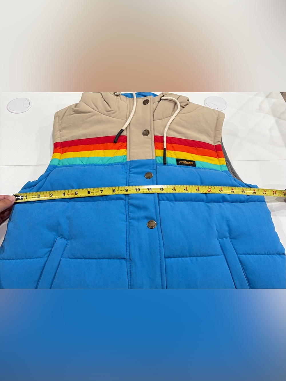 Yo Colorado Women's Large Epic Bluebird Puffer Hooded Vest NWT Blue Red Puff - Picture 9 of 13